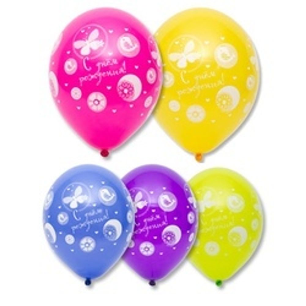 Шар (14"/36 см) С ДР Цветы Птицы, Шелкография пастель 25 шт.