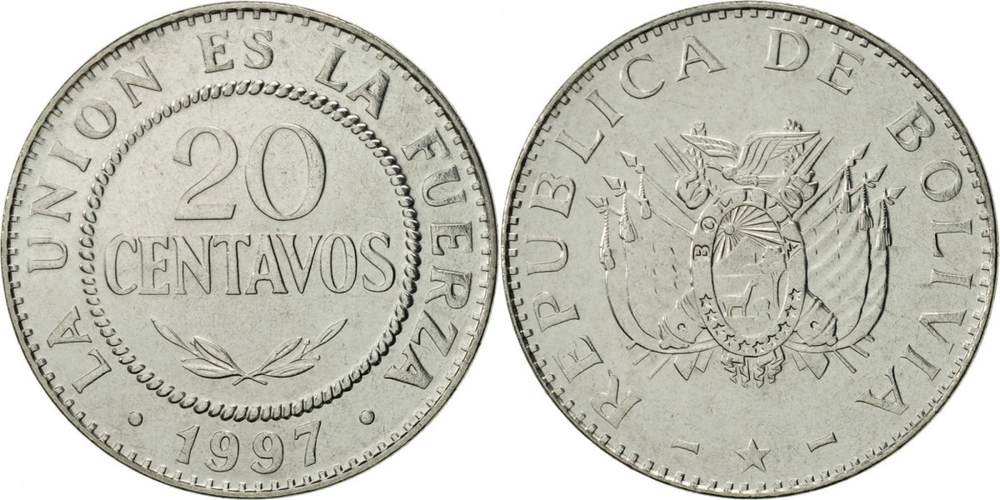 Боливия 20 сентаво, 1987 - 2008 Герб UNC