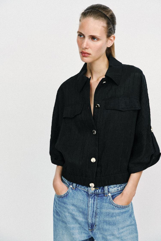 ZARA БЛУЗА-САФАРИ С ПОДВЕРНУТЫМИ РУКАВАМИ, ЧЕРНЫЙ