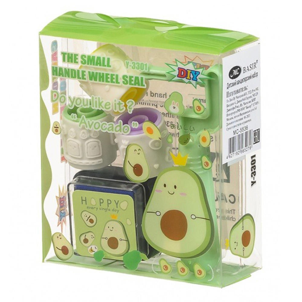 Штамп детский Basir с 3 сменными роликами и штемпельной подушкой, 9 см, серия "Авокадо", ассорти