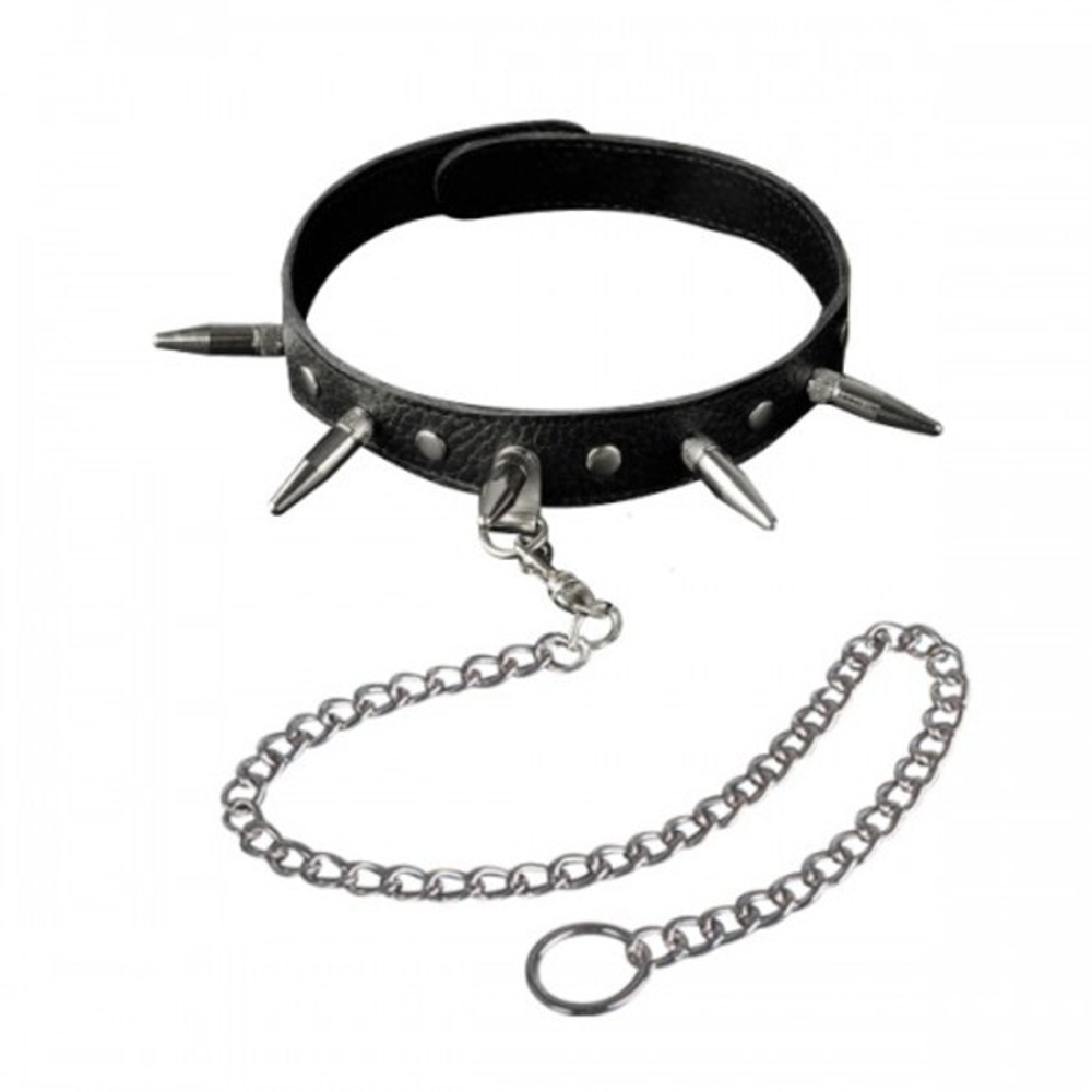 Черный ошейник с шипами из натуральной кожи с велюровой подкладой (черный) (Цвет: черный)