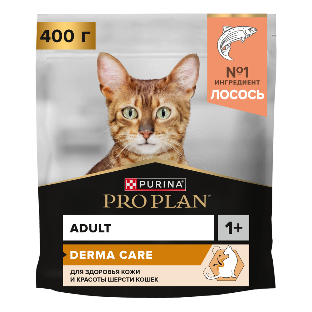 Сухой корм PRO PLAN DERMA CARE здоровье шерсти и кожи взрослых кошек лосось 400 г