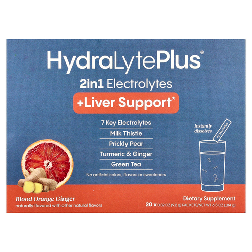 Hydralyte, HydraLyte Plus®, поддержка печени, красный апельсин и имбирь, 20 пакетиков по 9,2 г (0,32 унции)