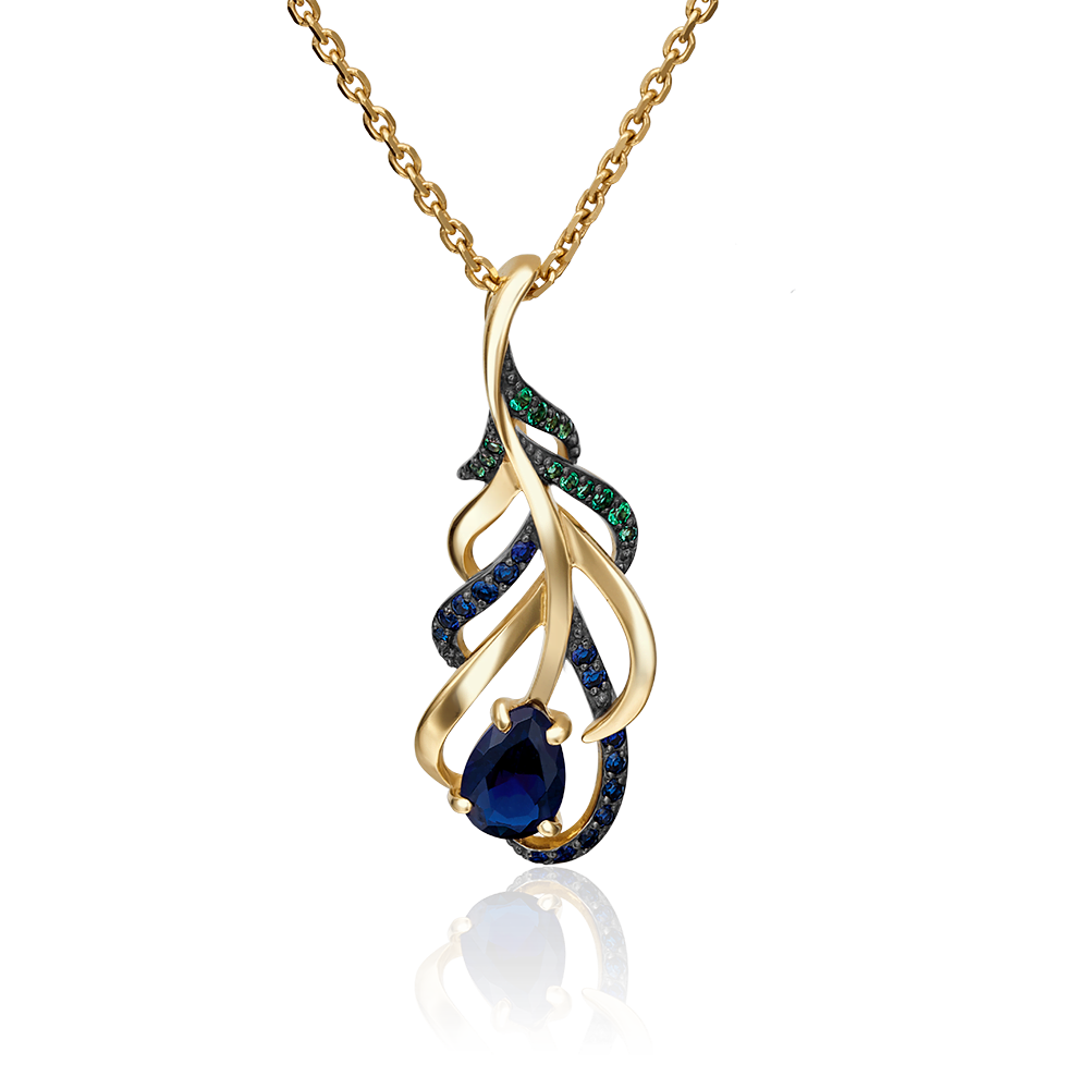 Подвеска «Перо павлина» из лимонного золота с фианитами