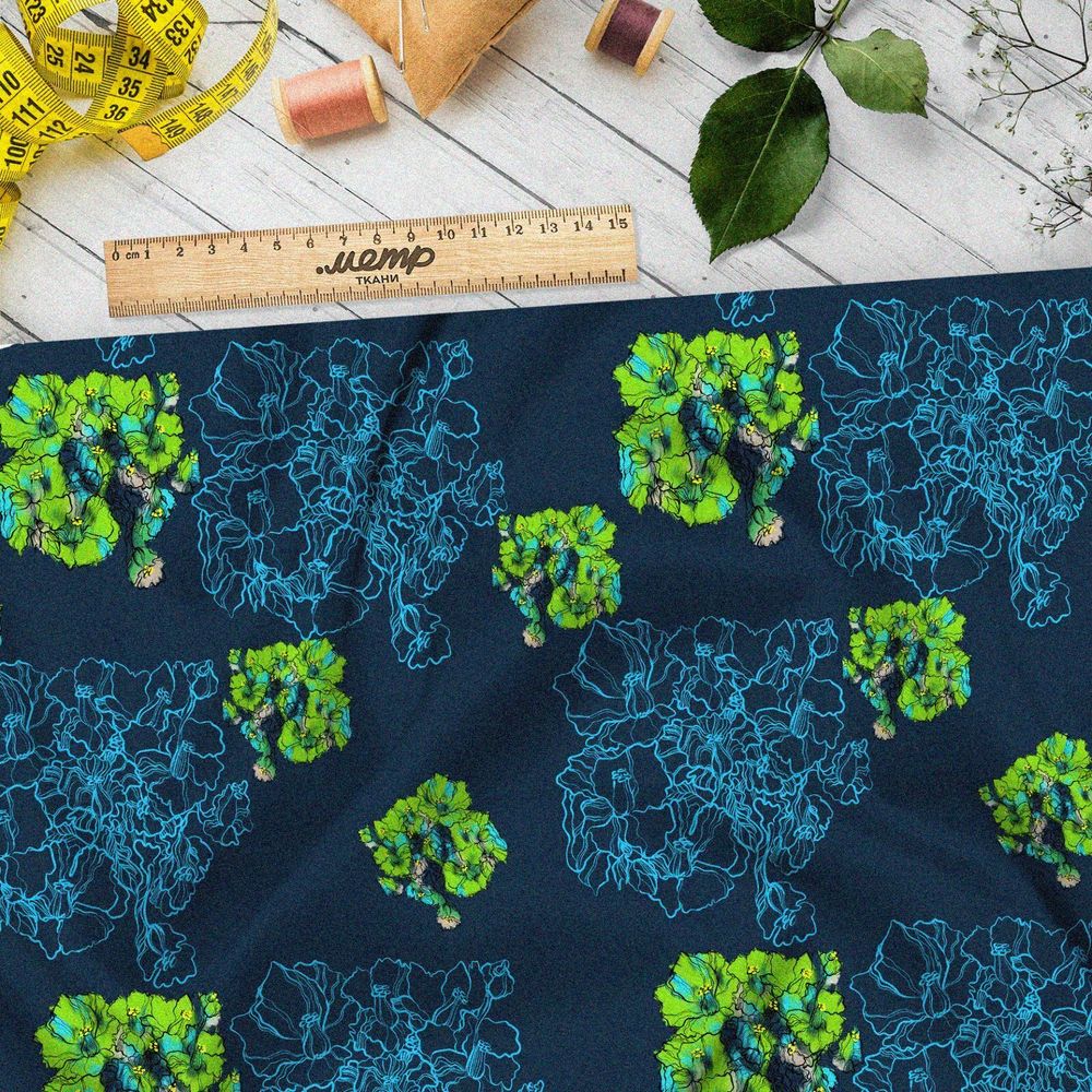Ткань таффета зелёные листья цветы