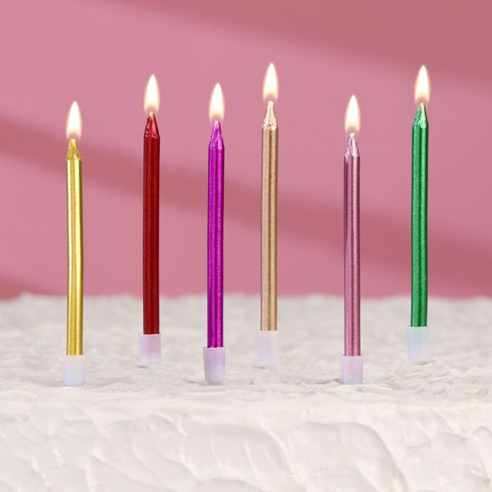 Свечи в торт коктейльные &quot;С днем рождения&quot;, 6 шт, 10,5 см, металлик(ЦВЕТНЫЕ)