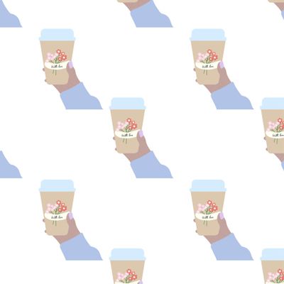 seamless pattern glass of coffee with flowers in hand vector illustration, poster