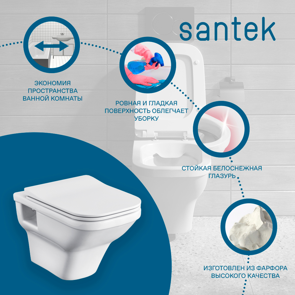 Унитаз подвесной Santek Лайн, стандарт-дюропласт, безободковый, микролифт, тонкое 1WH501574