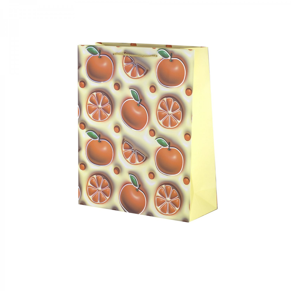 Пакет подарочный бумажный Alingar, (М) 18х23х10 см, вертикальный, "Сочные фрукты", мат. ламинация, тиснение голография, эфффект 3D, ассорти