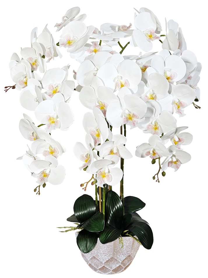 Искусственные Орхидеи белые Люкс 5 веток 75 см в сером кашпо