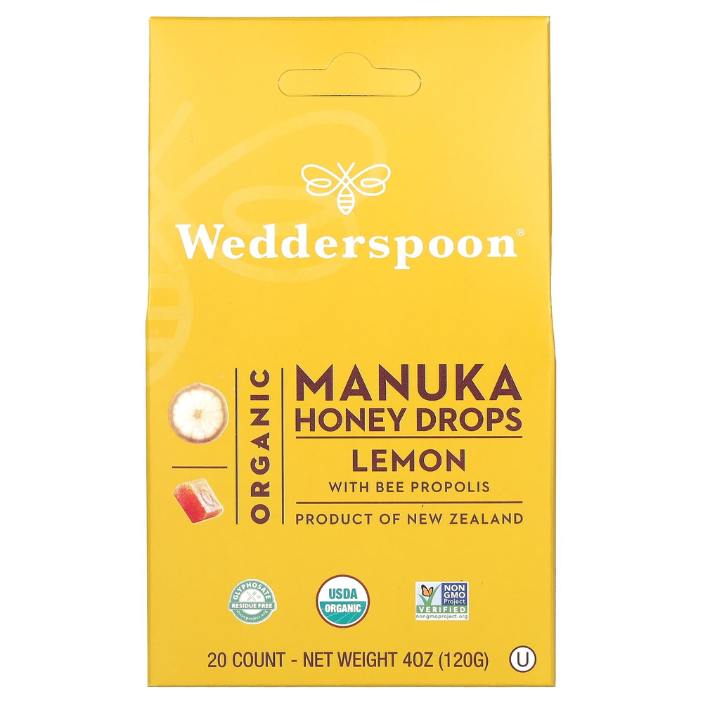 Wedderspoon, органические леденцы с мёдом манука, лимоном и пчелиным прополисом, 20 шт., 120 г (4 унции)
