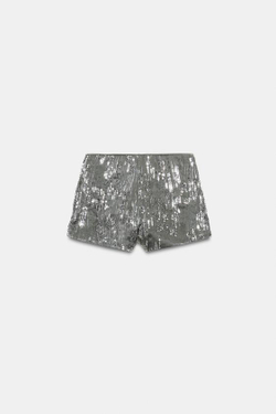ZARA МИНИ-ШОРТЫ С ПАЙЕТКАМИ, СЕРЕБРИСТЫЙ