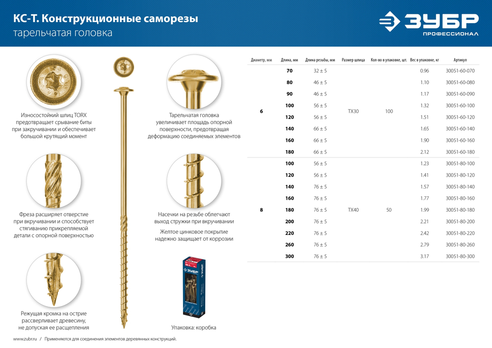 ЗУБР КС-Т, 200 х 8.0 мм, TX40, тарельчатая головка желтый цинк, 50 шт (2,18 кг.), конструкционный саморез, Профессионал (30051-80-200)