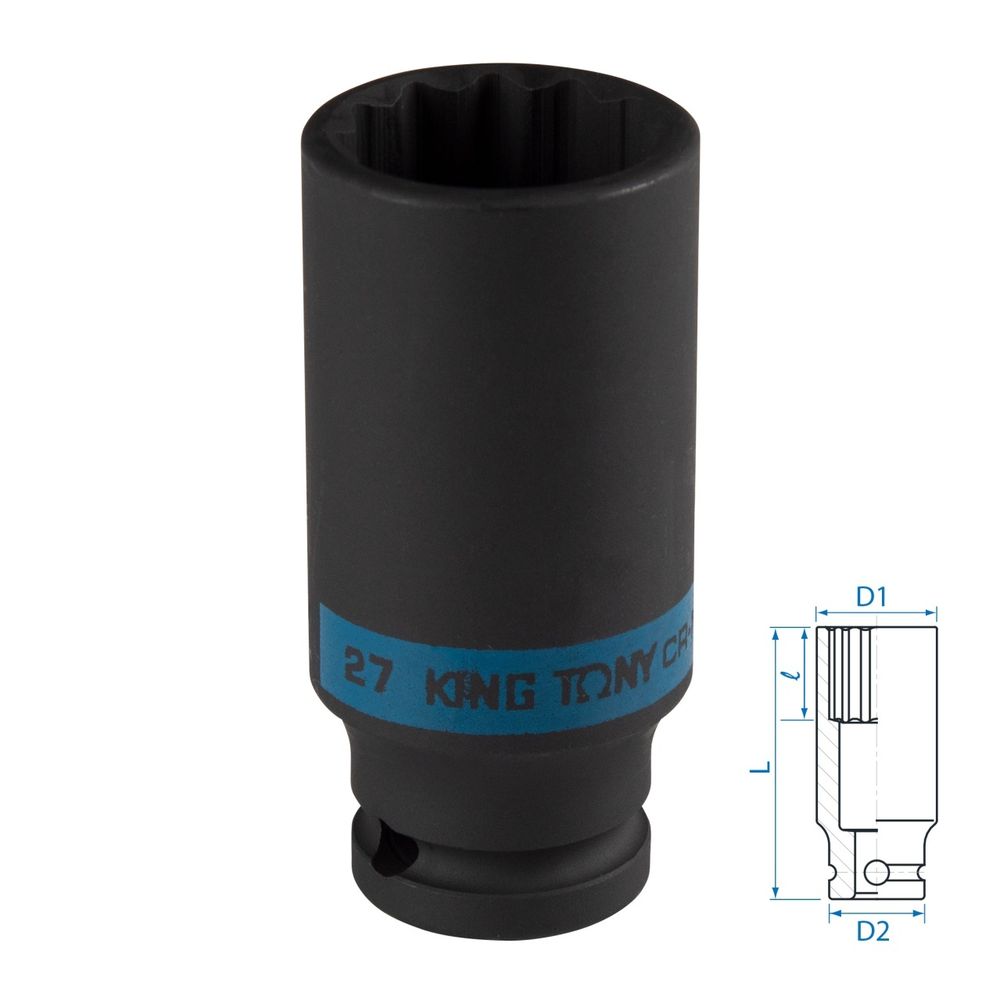 KING TONY (443027M) Головка торцевая ударная глубокая двенадцатигранная 1/2", 27 мм