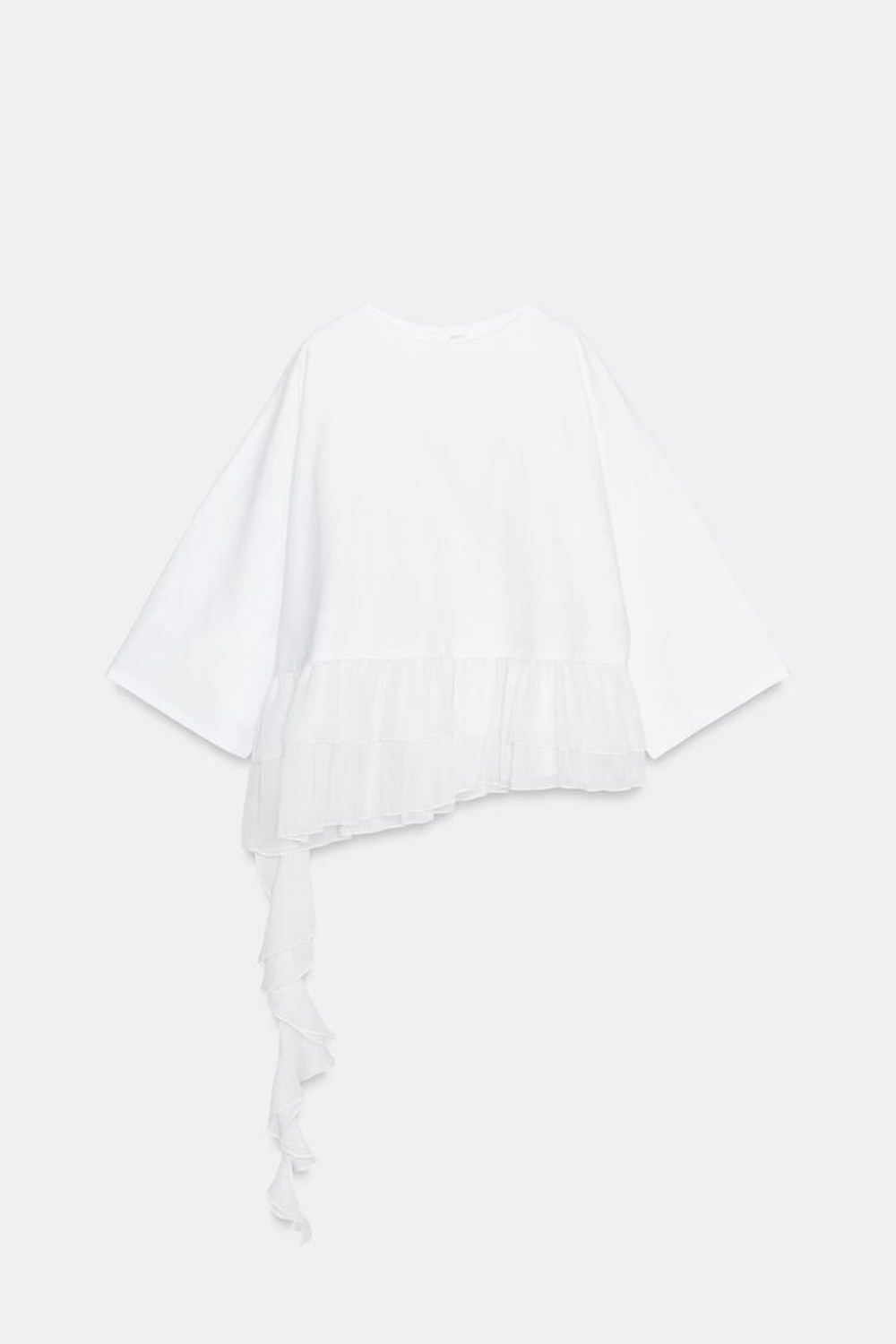 ZARA ФУТБОЛКА С ВОЛАНАМИ, БЕЛЫЙ