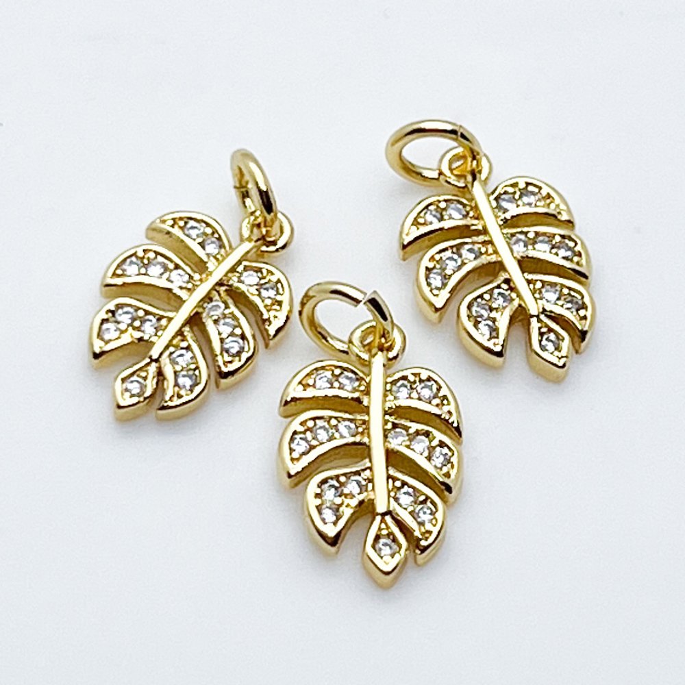 Подвеска Монстера, позолота, фианиты, размер 13*8 мм, цена за 1 шт