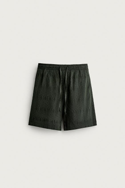 ZARA ШОРТЫ REGULAR FIT С ГЕОМЕТРИЧЕСКИМ ЖАККАРДОВЫМ УЗОРОМ, ЗЕЛЕНЫЙ