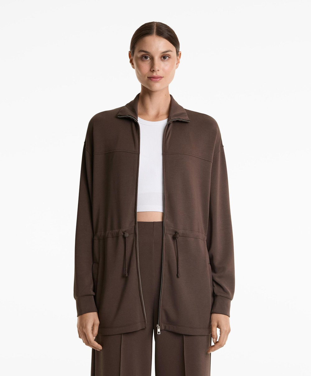 Oysho Толстовка длинная с высоким воротником и регулируемой талией из мягкого модала, темно-коричневый