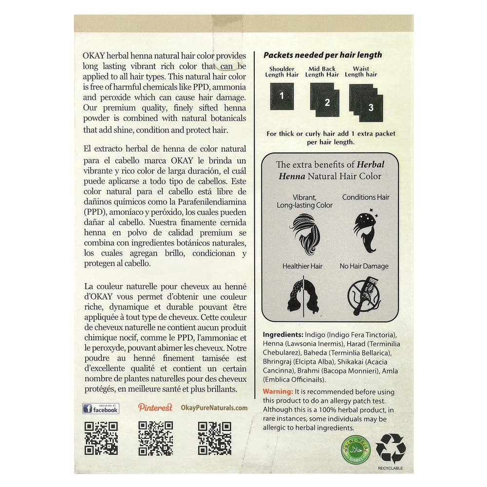 Okay Pure Naturals, травяная краска для волос, хна, черный, 56,7 г (2 унции)