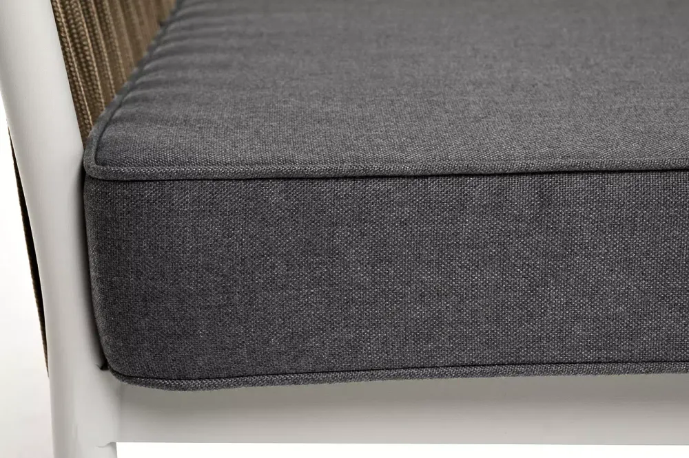 "Касабланка" диван 3-местный плетеный из роупа, каркас алюминий светло-серый (RAL7035) муар, роуп серо-коричневый 23мм, ткань серая 017