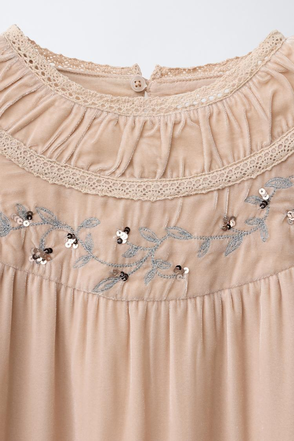 ZARA БАРХАТНОЕ ПЛАТЬЕ С КРУЖЕВОМ И ПАЙЕТКАМИ, БЕЖЕВЫЙ