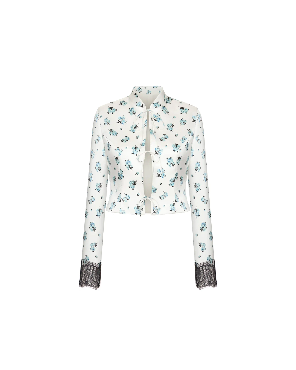 Чона (Chona), жакет из молочного атласа с цветочным принтом, с отделкой черным кружевом