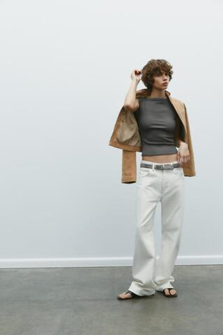 ZARA ФУТБОЛКА С ВЫРЕЗОМ-ЛОДОЧКОЙ, СВИНЦОВЫЙ