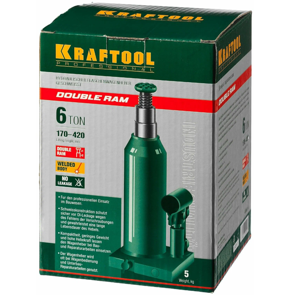 KRAFTOOL DOUBLE RAM, 6 т, 170 - 420 мм, с увеличенным подъемом, двухштоковый бутылочный домкрат (43463-6)