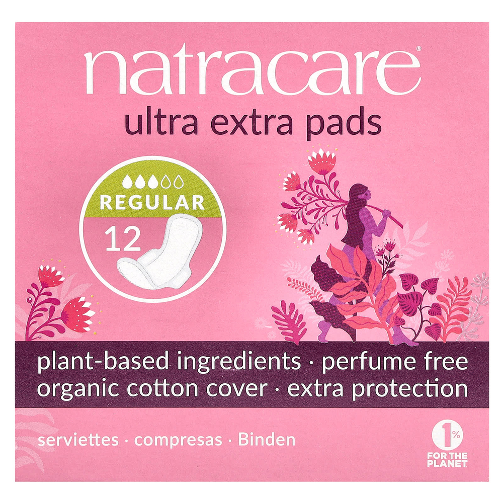 Natracare, Ultra Extra, прокладки, поверхность из органического хлопка, обычные, 12 штук