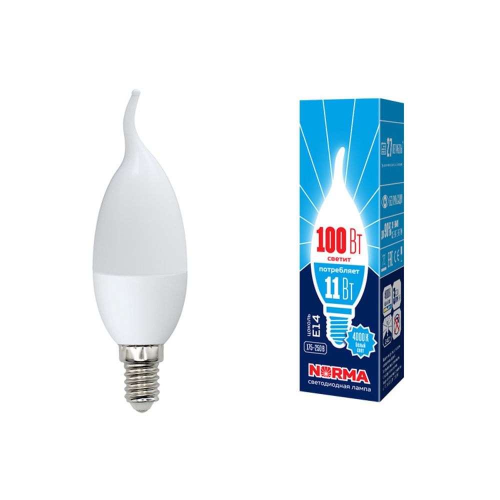 LED-CW37-11W/NW/E14/FR/NR Лампа светодиодная. Форма свеча на ветру, матовая. Серия Norma. Белый свет (4000K). Картон. ТМ Volpe