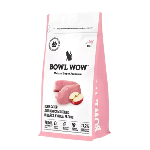 Уценка! Повр.упак./ Сухой корм BOWL WOW для взрослых кошек с индейкой и яблоком