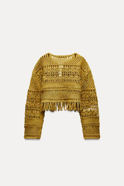 ZARA КОРОТКИЙ КАРДИГАН ИЗ МАКРАМЕ С БАХРОМОЙ, ЦВЕТ ОЛИВКОВОГО МАСЛА