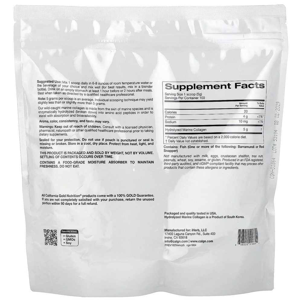 California Gold Nutrition, пептиды гидролизованного морского коллагена, без вкусовых добавок, 500 г (1,1 фунта)