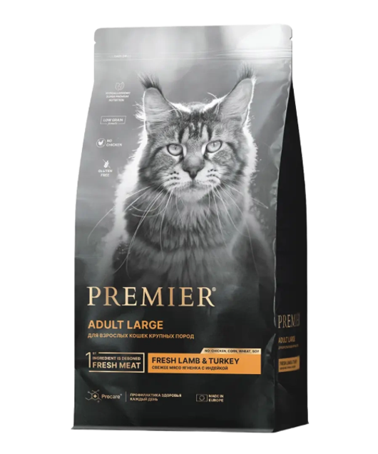 Сухой корм для взрослых кошек Premier Cat Adult Large крупных пород с чувствительным пищеварением ягненок с индейкой 0,4кг