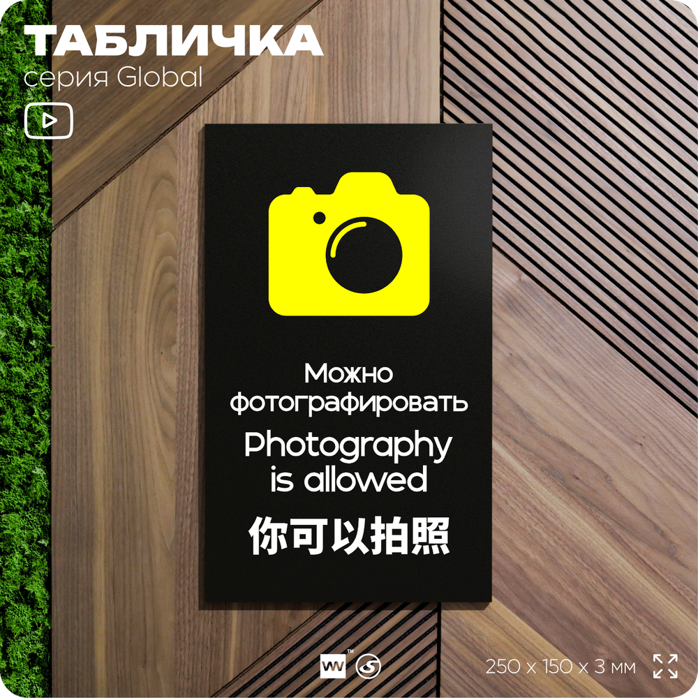 Табличка Можно фотографировать, на дверь и стену, информационная и мультиязычная (русский, английский, китайский), серия GLOBAL, 25х15 см, Айдентика Технолоджи