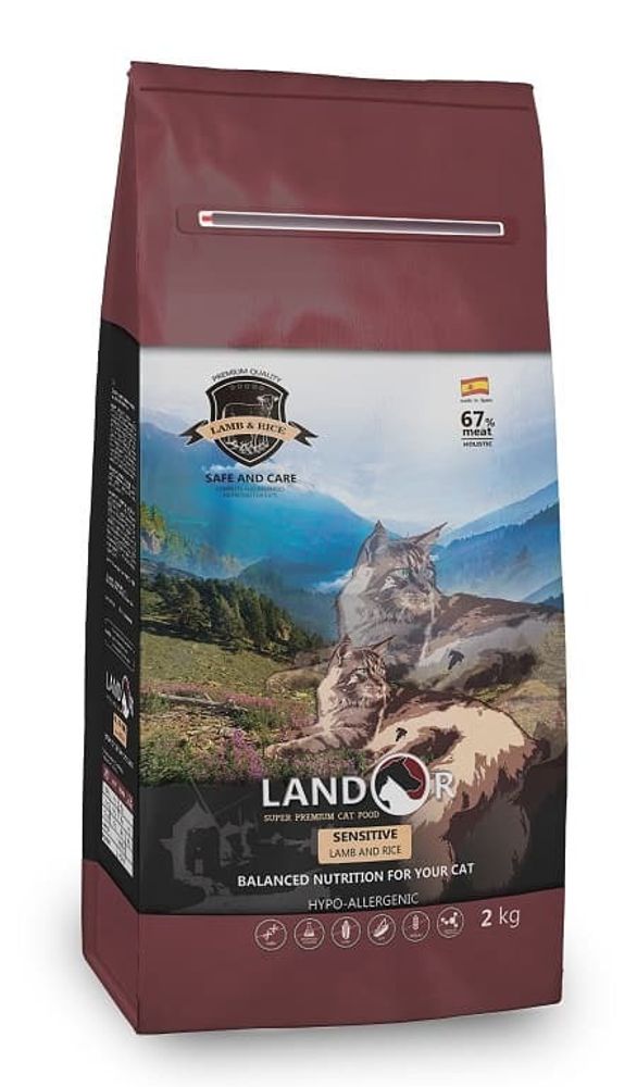 LANDOR 2кг полнорационный сухой корм для кошек с чувствительным пищиварением Ягнёнок с рисом