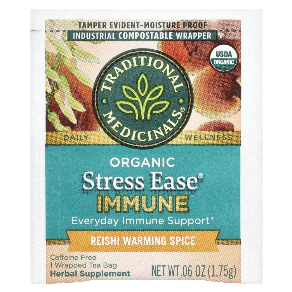 Traditional Medicinals, Organic Stress Ease® Immune, согревающая приправа с грибами рейши, без кофеина, 16 чайных пакетиков в упаковке, 28 г (0,99 унции)