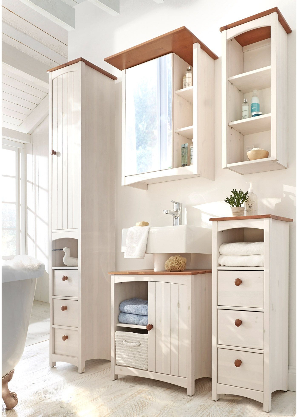 Шкаф навесной для ванной Паула из массива сосны, белый/черри