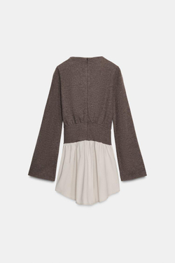 ZARA КОМБИНИРОВАННОЕ ПЛАТЬЕ С ЗАКЛЕПКАМИ, СЕРО-КОРИЧНЕВЫЙ МЕЛАНЖ