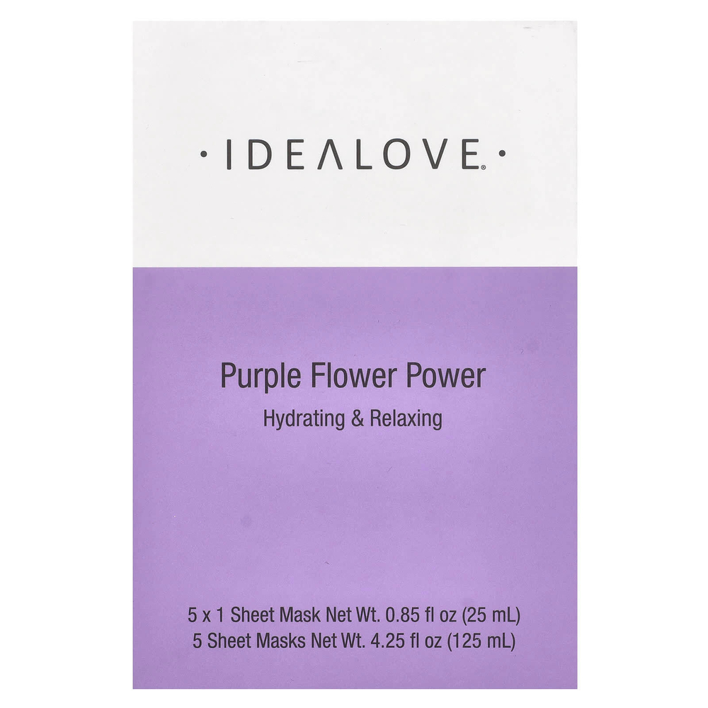 Idealove, Purple Flower Power, 5 тканевых косметических масок, 25 мл (0,85 жидк. унции) каждая