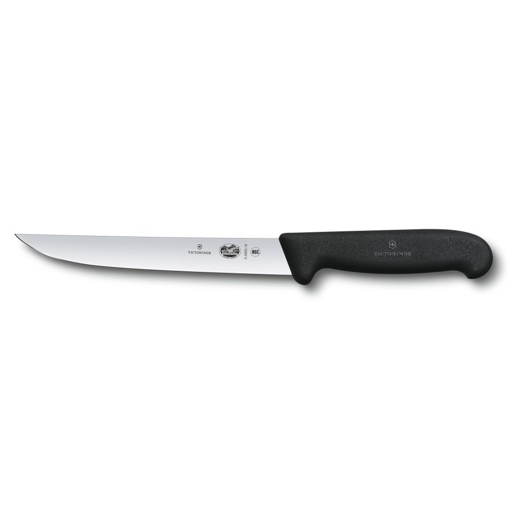 Фото нож разделочный VICTORINOX Fibrox с прямым узким лезвием из нержавеющей стали 15 см и рукоятью из пластика чёрного цвета с гарантией