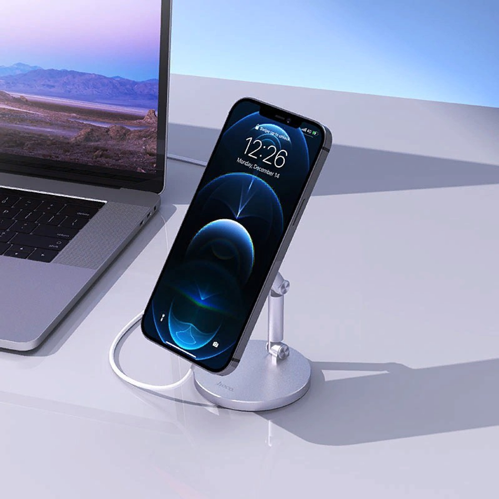 Держатель настольный Hoco Daring magnetic wireless charging desktop Stand (PH39) для iPhone 12 mini/12/12 Pro/12 Pro Max Серебристый