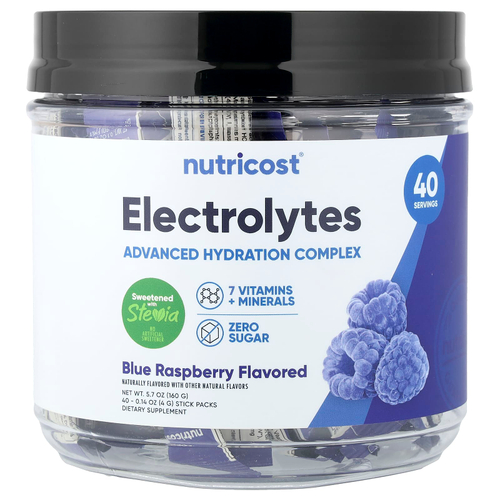Nutricost, Электролиты, улучшенный комплекс для увлажнения, голубая малина, 40 пакетиков по 4 г (0,14 унции)