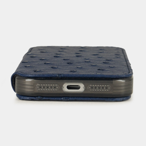 Чехол-книжка кожаная для iPhone 17 Pro, страус синего цвета