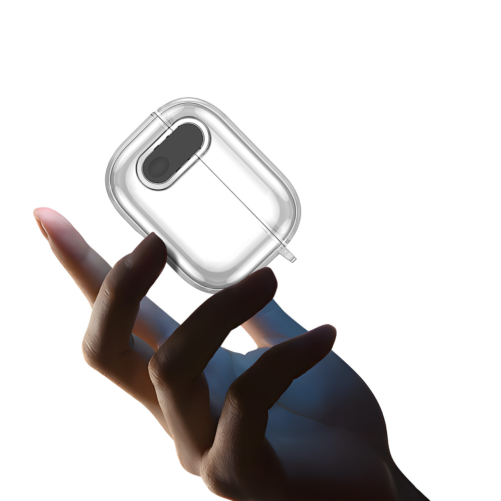 Прозрачный чехол с кнопкой черного цвета от Dux Ducis для наушников AirPods Pro 2, серия PECL Series Case, в комплекте с карабином