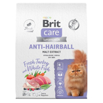 Сухой корм для взрослых кошек с белой рыбой и индейкой Cat Anti-Hairball BRIT CARE 7кг