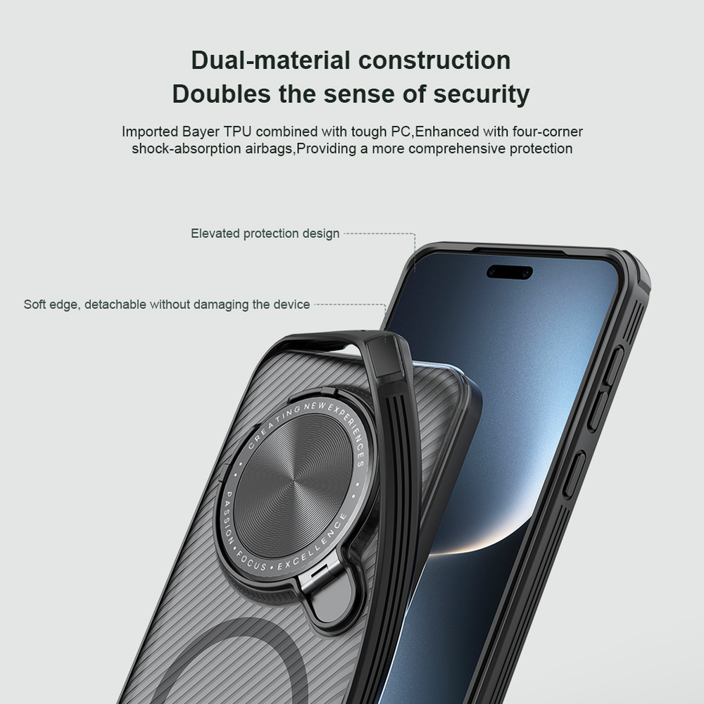 Чехол прозрачный тонированный (Transparent Black) от Nillkin с металлической крышкой и MagSafe на Huawei Honor Magic 7 Pro, серия CamShield Prop Magnetic Case