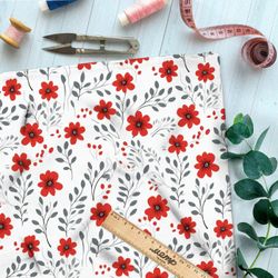 Ткань премиум таффета яркие красные луговые цветочки