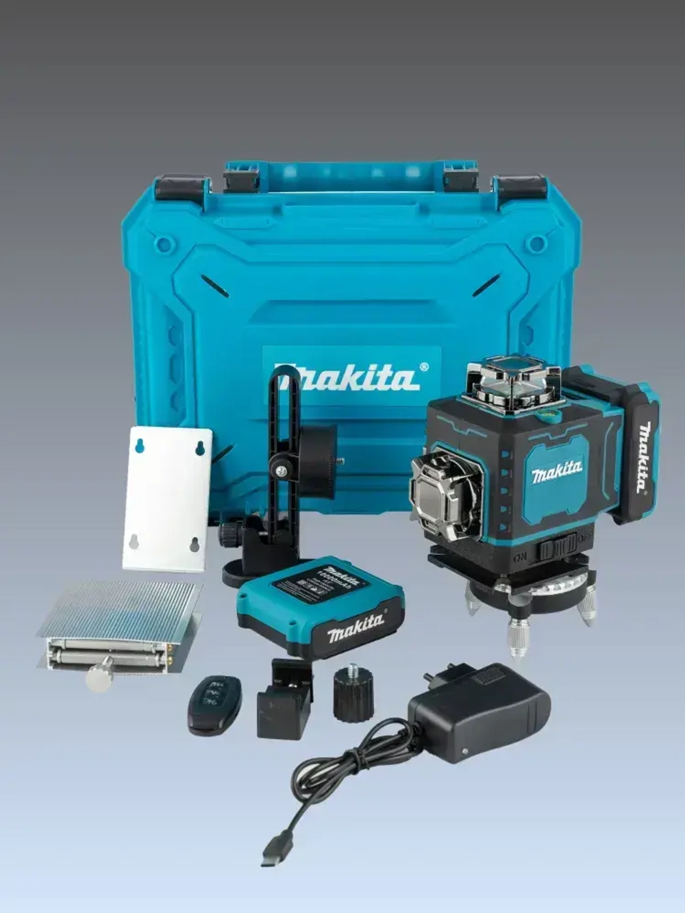 Лазерный уровень, строительный, аккумуляторный нивелир 360 мини 4d, 16 зеленых лучей, 2 аккумулятора