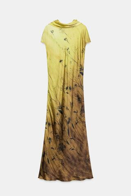 ZARA ПЛАТЬЕ С ПРИНТОМ ZW COLLECTION, КОНЬЯЧНЫЙ